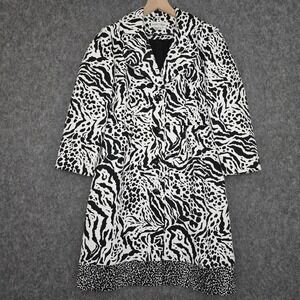 Andre Oliver Coat Womens 10 Black White Animal Print Mid Length Button Textured
